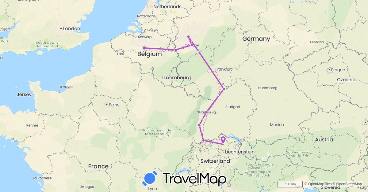 TravelMap itinerary: driving, train in Belgium, Switzerland, Germany, France (Europe)